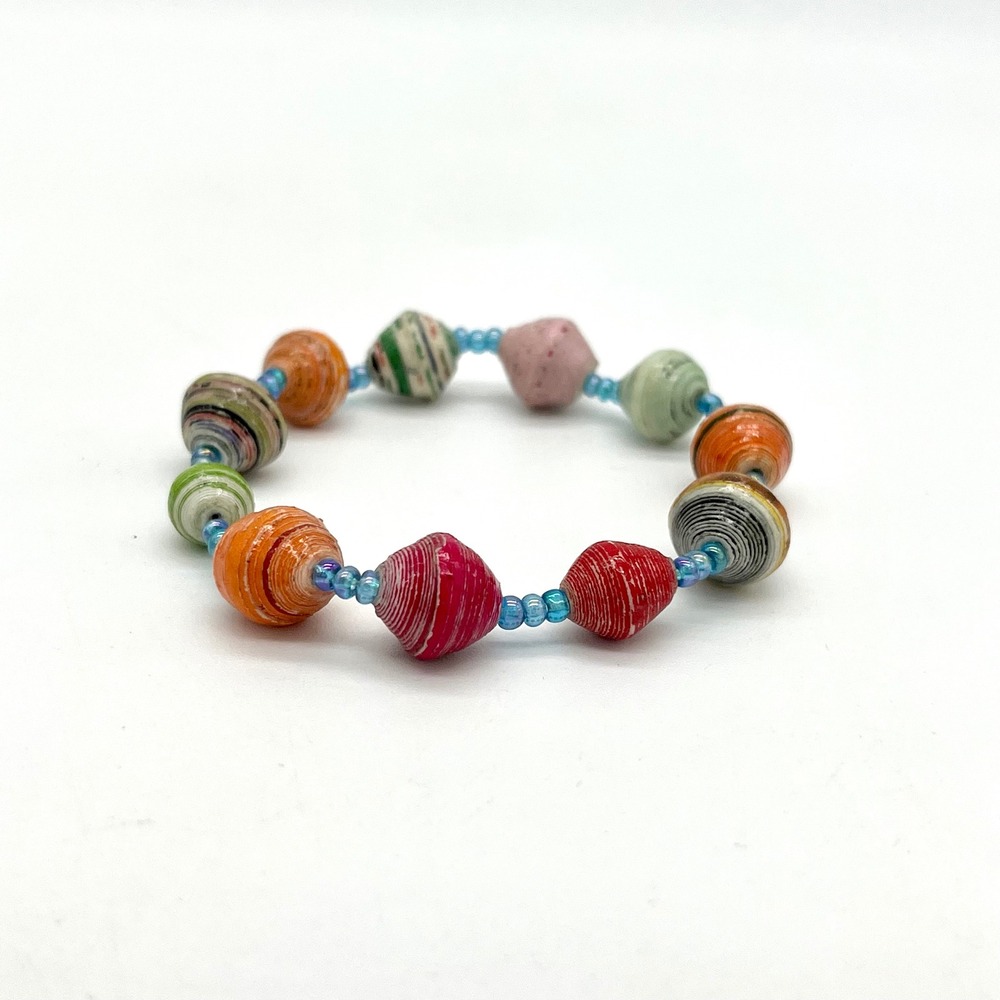 Handmade Paper Bead Bracelet Colorful Boho Chic‎ Recycled Jewelry Stretch